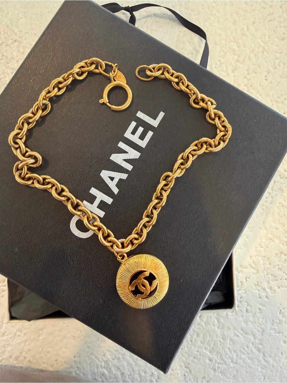 Authentic CHANEL Gold-Tone Link Necklace with CC Medallion Sunburst